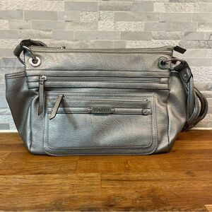 Rosetti Silver Metallic Satchel Shoulder Bag Faux Leather Braided Straps